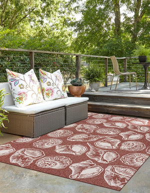 Rust Red and Ivory 10' x 14' 1 Outdoor Coastal Rectangle Area Rug Weather Resistant for Patio, Deck, Terrace, Balcony, Porch 100% Polypropylene Coastal Decor Carpet for Sale at Rug Engine