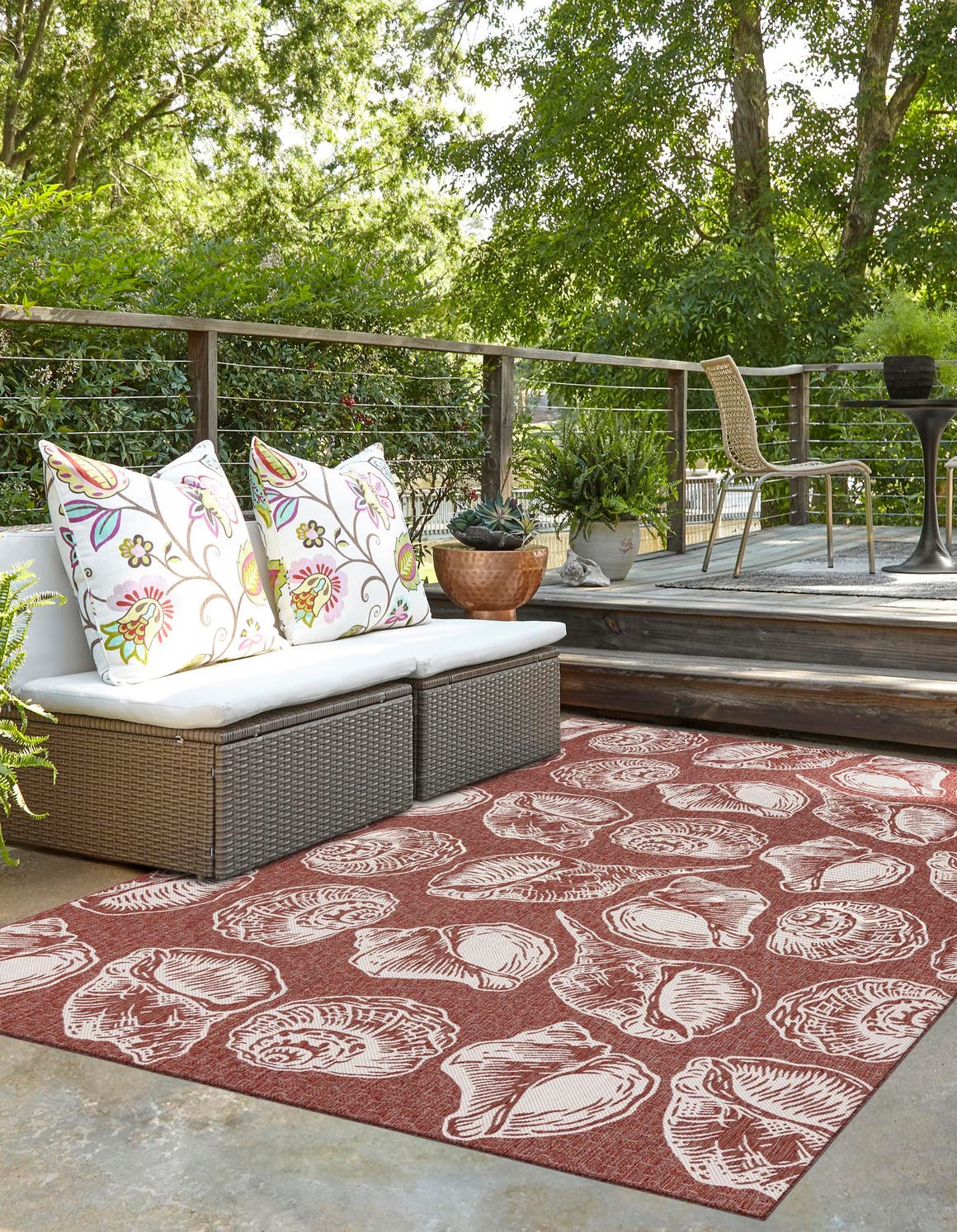 Rust Red and Ivory 7' 10 x 10' Outdoor Coastal Rectangle Area Rug Weather Resistant for Patio, Deck, Terrace, Balcony, Porch 100% Polypropylene Coastal Decor Carpet for Sale at Rug Engine
