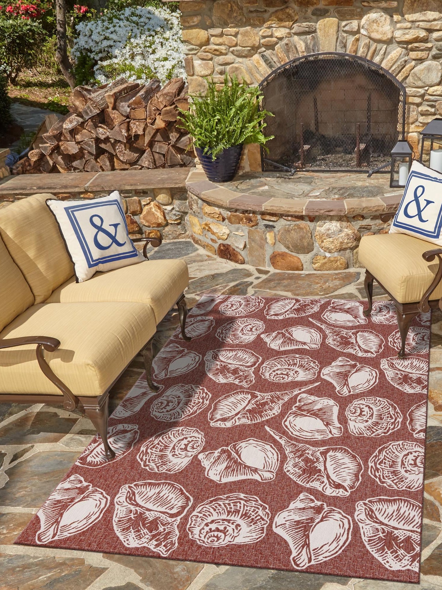 Rust Red and Ivory 9' x 12' Outdoor Coastal Rectangle Area Rug Weather Resistant for Patio, Deck, Terrace, Balcony, Porch 100% Polypropylene Coastal Decor Carpet for Sale at Rug Engine