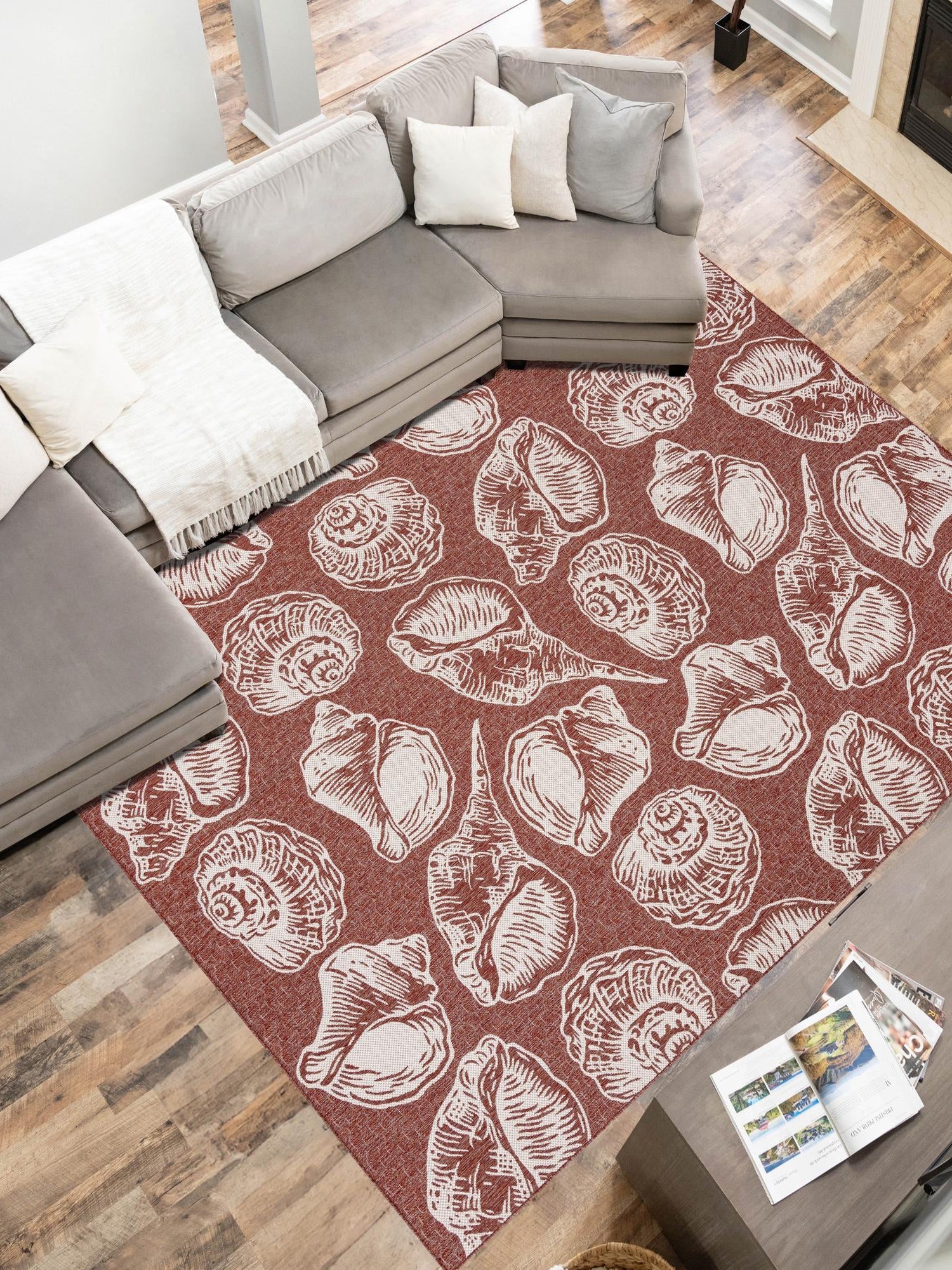 Rust Red and Ivory 5' 3 x 8' Outdoor Coastal Rectangle Area Rug Weather Resistant for Patio, Deck, Terrace, Balcony, Porch 100% Polypropylene Coastal Decor Carpet for Sale at Rug Engine