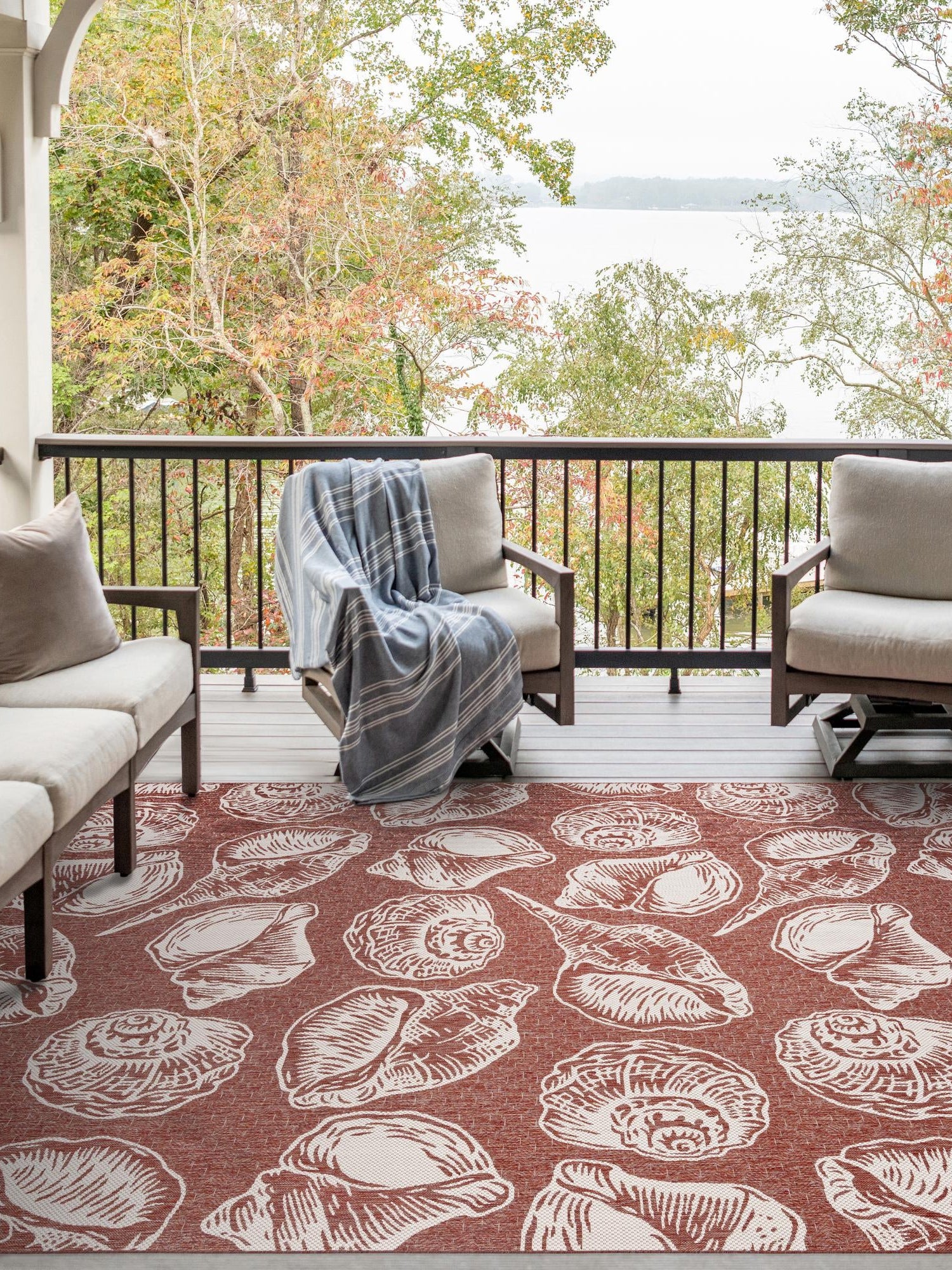 Rust Red and Ivory 5' 3 x 8' Outdoor Coastal Rectangle Area Rug Weather Resistant for Patio, Deck, Terrace, Balcony, Porch 100% Polypropylene Coastal Decor Carpet for Sale at Rug Engine