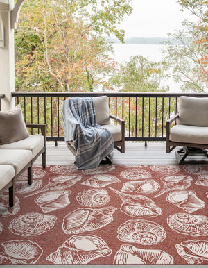 Rust Red and Ivory 9' x 12' Outdoor Coastal Rectangle Area Rug Weather Resistant for Patio, Deck, Terrace, Balcony, Porch 100% Polypropylene Coastal Decor Carpet for Sale at Rug Engine