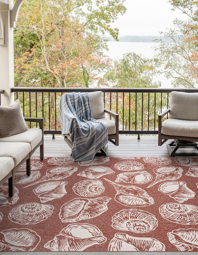 Rust Red and Ivory 9' x 12' Outdoor Coastal Rectangle Area Rug Weather Resistant for Patio, Deck, Terrace, Balcony, Porch 100% Polypropylene Coastal Decor Carpet for Sale at Rug Engine
