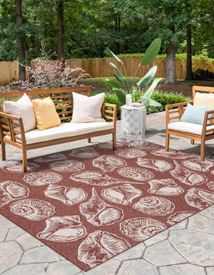 Rust Red and Ivory 9' x 12' Outdoor Coastal Rectangle Area Rug Weather Resistant for Patio, Deck, Terrace, Balcony, Porch 100% Polypropylene Coastal Decor Carpet for Sale at Rug Engine