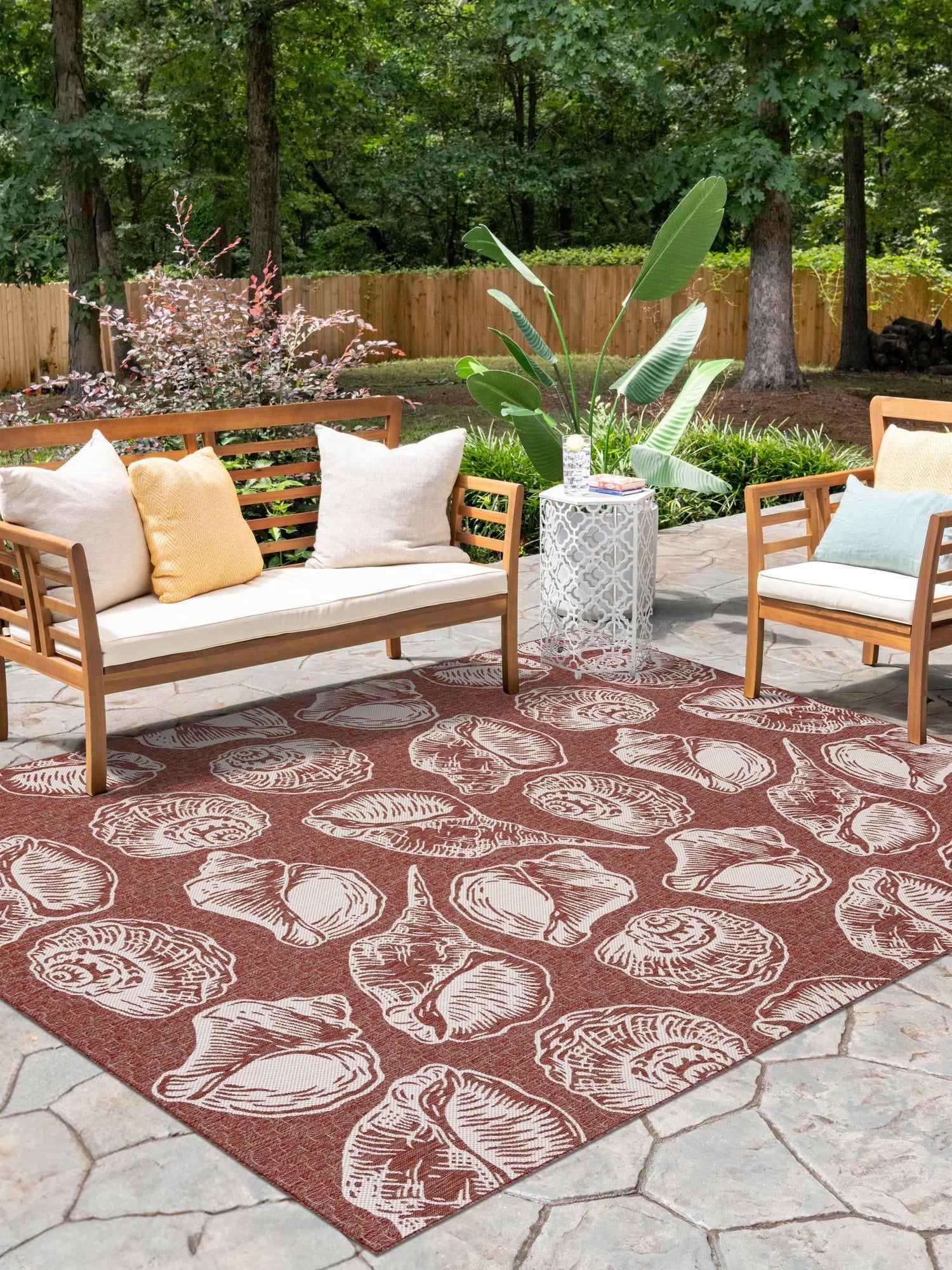 Rust Red and Ivory 7' 10 x 10' Outdoor Coastal Rectangle Area Rug Weather Resistant for Patio, Deck, Terrace, Balcony, Porch 100% Polypropylene Coastal Decor Carpet for Sale at Rug Engine