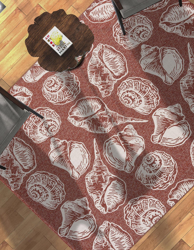 Rust Red and Ivory 9' x 12' Outdoor Coastal Rectangle Area Rug Weather Resistant for Patio, Deck, Terrace, Balcony, Porch 100% Polypropylene Coastal Decor Carpet for Sale at Rug Engine