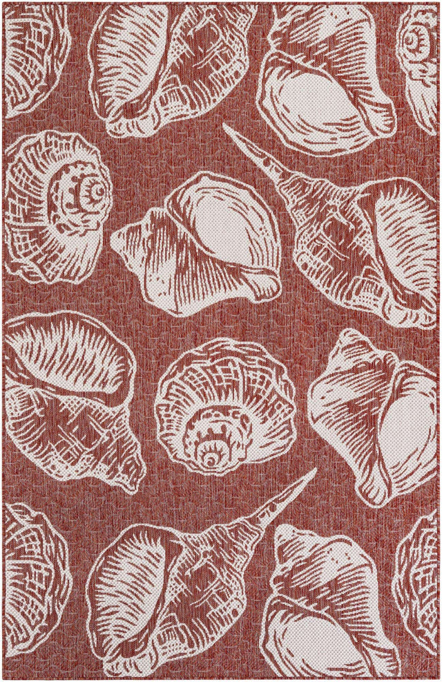 Rust Red and Ivory 5' 3 x 8' Outdoor Coastal Rectangle Area Rug Weather Resistant for Patio, Deck, Terrace, Balcony, Porch 100% Polypropylene Coastal Decor Carpet for Sale at Rug Engine