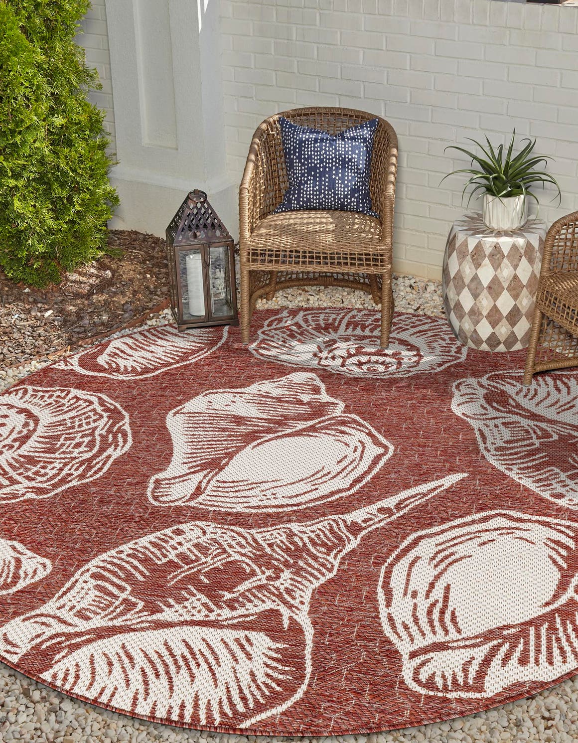 Rust Red and Ivory 7' 10 x 7' 10 Outdoor Coastal Round Area Rug Weather Resistant for Patio, Deck, Terrace, Balcony, Porch 100% Polypropylene Coastal Decor Carpet for Sale at Rug Engine