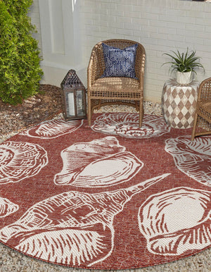 Rust Red and Ivory 7' 10 x 7' 10 Outdoor Coastal Round Area Rug Weather Resistant for Patio, Deck, Terrace, Balcony, Porch 100% Polypropylene Coastal Decor Carpet for Sale at Rug Engine
