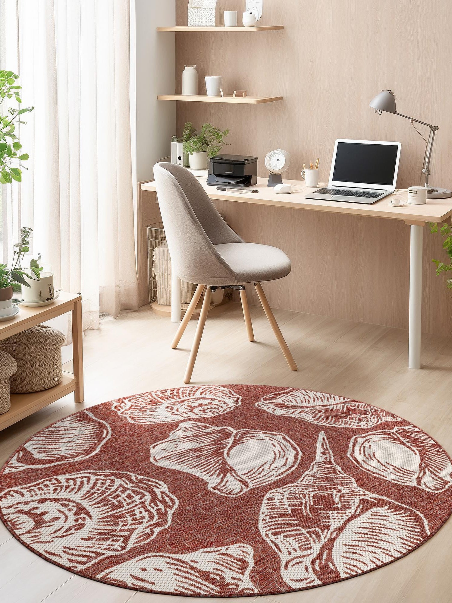 Rust Red and Ivory 12' x 12' Outdoor Coastal Round Area Rug Weather Resistant for Patio, Deck, Terrace, Balcony, Porch 100% Polypropylene Coastal Decor Carpet for Sale at Rug Engine