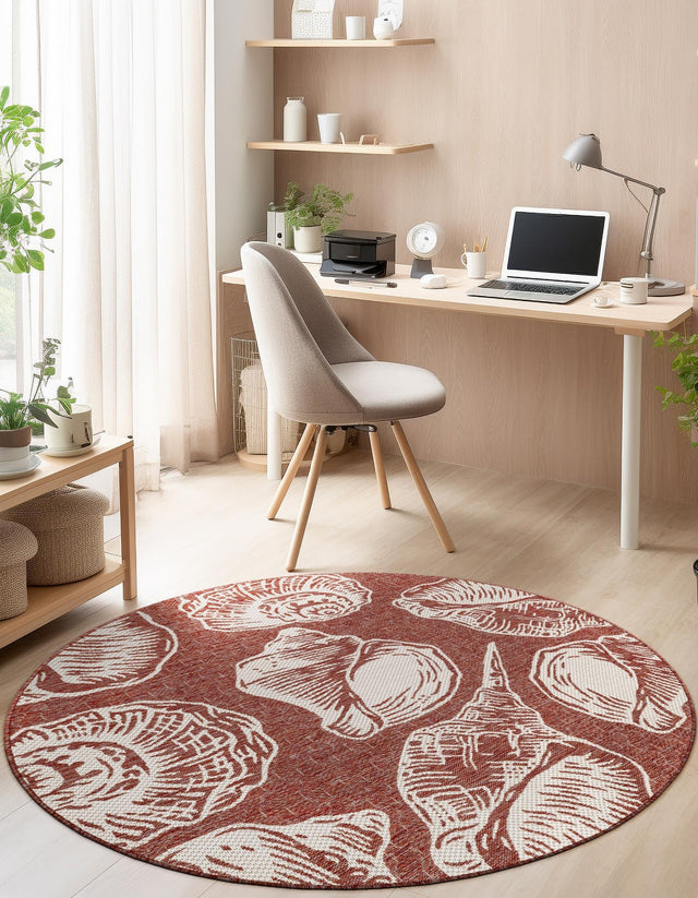 Rust Red and Ivory 12' x 12' Outdoor Coastal Round Area Rug Weather Resistant for Patio, Deck, Terrace, Balcony, Porch 100% Polypropylene Coastal Decor Carpet for Sale at Rug Engine