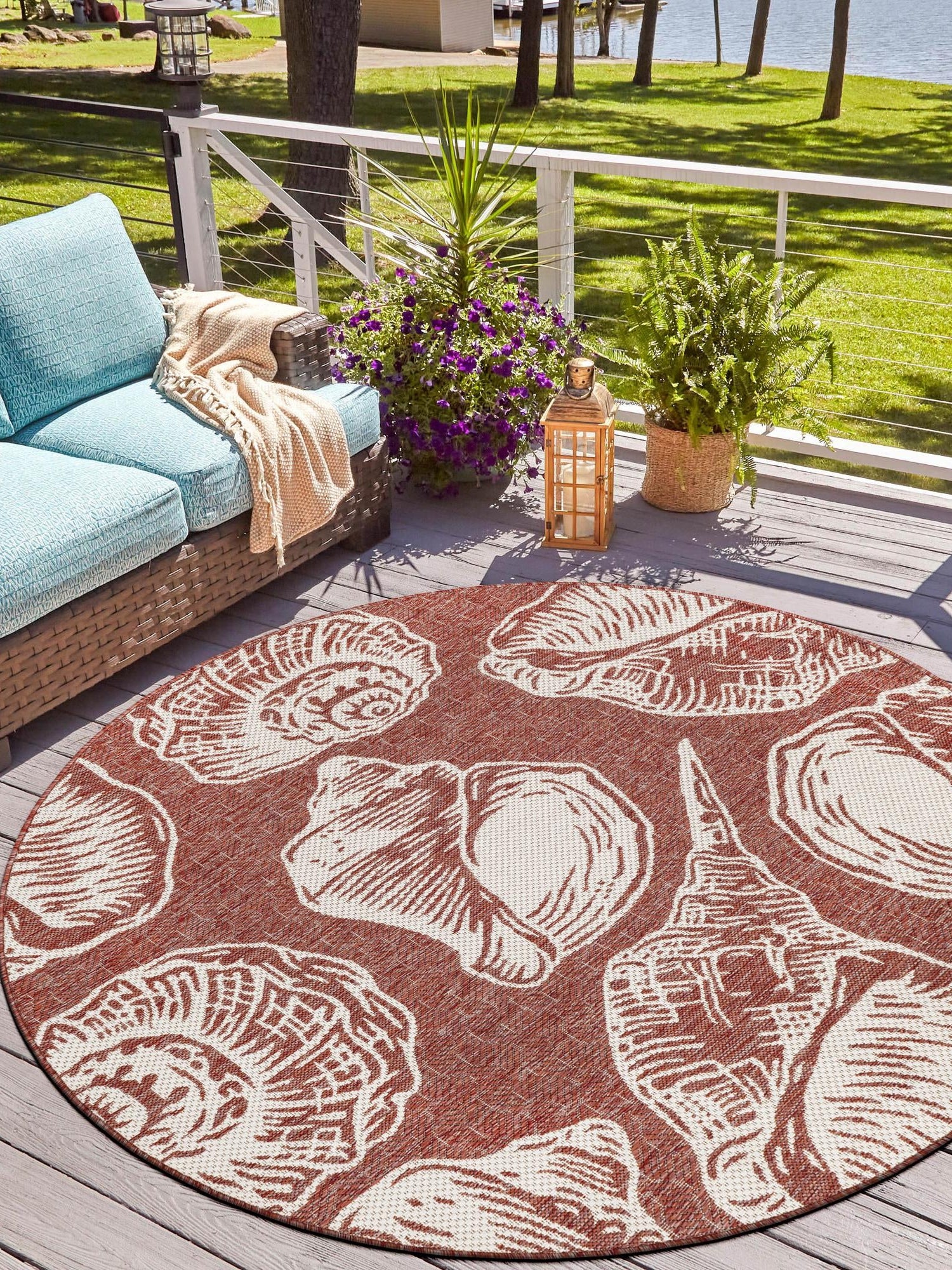 Rust Red and Ivory 5' 3 x 5' 3 Outdoor Coastal Round Area Rug Weather Resistant for Patio, Deck, Terrace, Balcony, Porch 100% Polypropylene Coastal Decor Carpet for Sale at Rug Engine