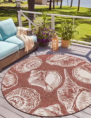 Rust Red and Ivory 12' x 12' Outdoor Coastal Round Area Rug Weather Resistant for Patio, Deck, Terrace, Balcony, Porch 100% Polypropylene Coastal Decor Carpet for Sale at Rug Engine