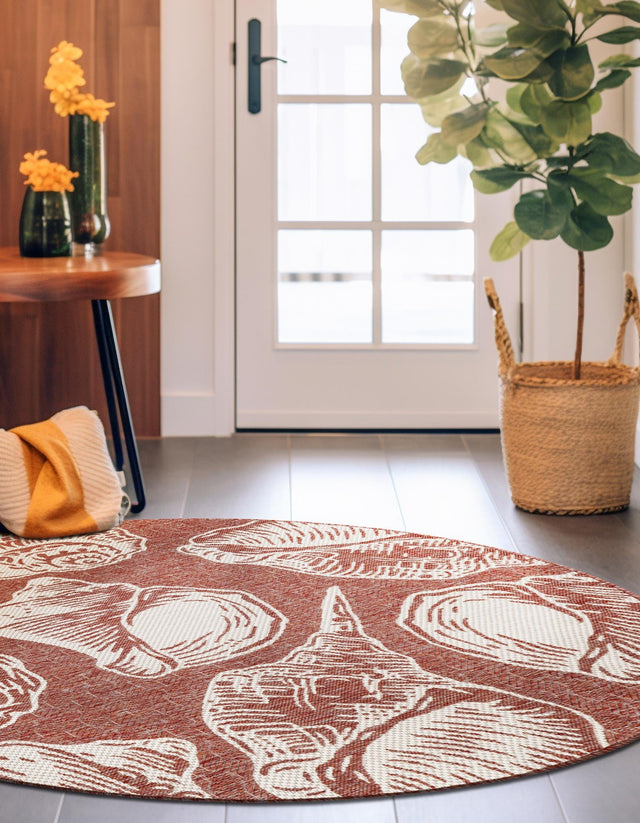 Rust Red and Ivory 7' 10 x 7' 10 Outdoor Coastal Round Area Rug Weather Resistant for Patio, Deck, Terrace, Balcony, Porch 100% Polypropylene Coastal Decor Carpet for Sale at Rug Engine