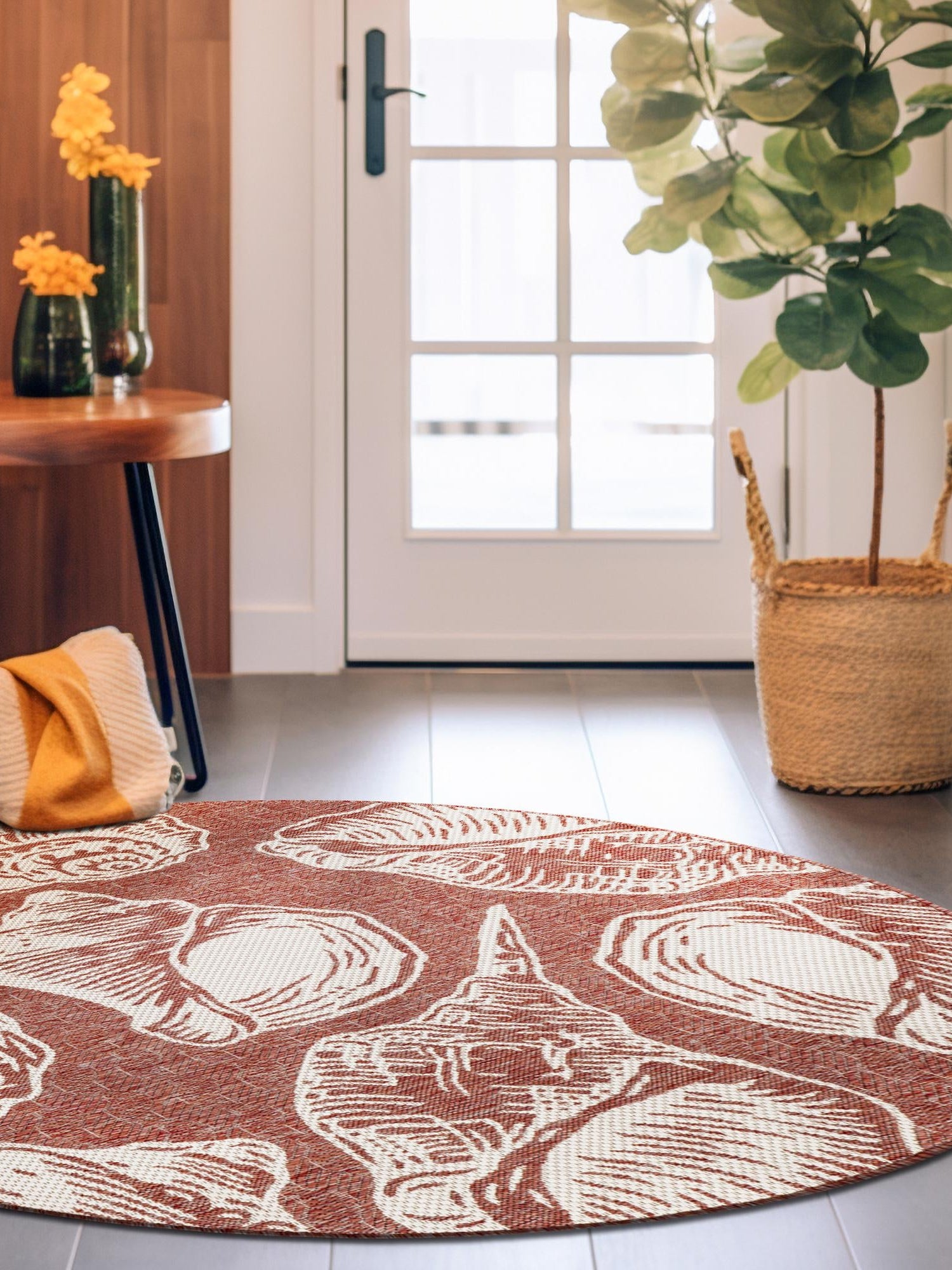 Rust Red and Ivory 5' 3 x 5' 3 Outdoor Coastal Round Area Rug Weather Resistant for Patio, Deck, Terrace, Balcony, Porch 100% Polypropylene Coastal Decor Carpet for Sale at Rug Engine