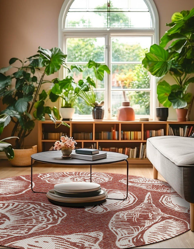 Rust Red and Ivory 12' x 12' Outdoor Coastal Round Area Rug Weather Resistant for Patio, Deck, Terrace, Balcony, Porch 100% Polypropylene Coastal Decor Carpet for Sale at Rug Engine