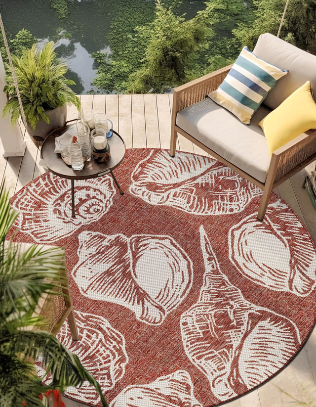 Rust Red and Ivory 7' 10 x 7' 10 Outdoor Coastal Round Area Rug Weather Resistant for Patio, Deck, Terrace, Balcony, Porch 100% Polypropylene Coastal Decor Carpet for Sale at Rug Engine