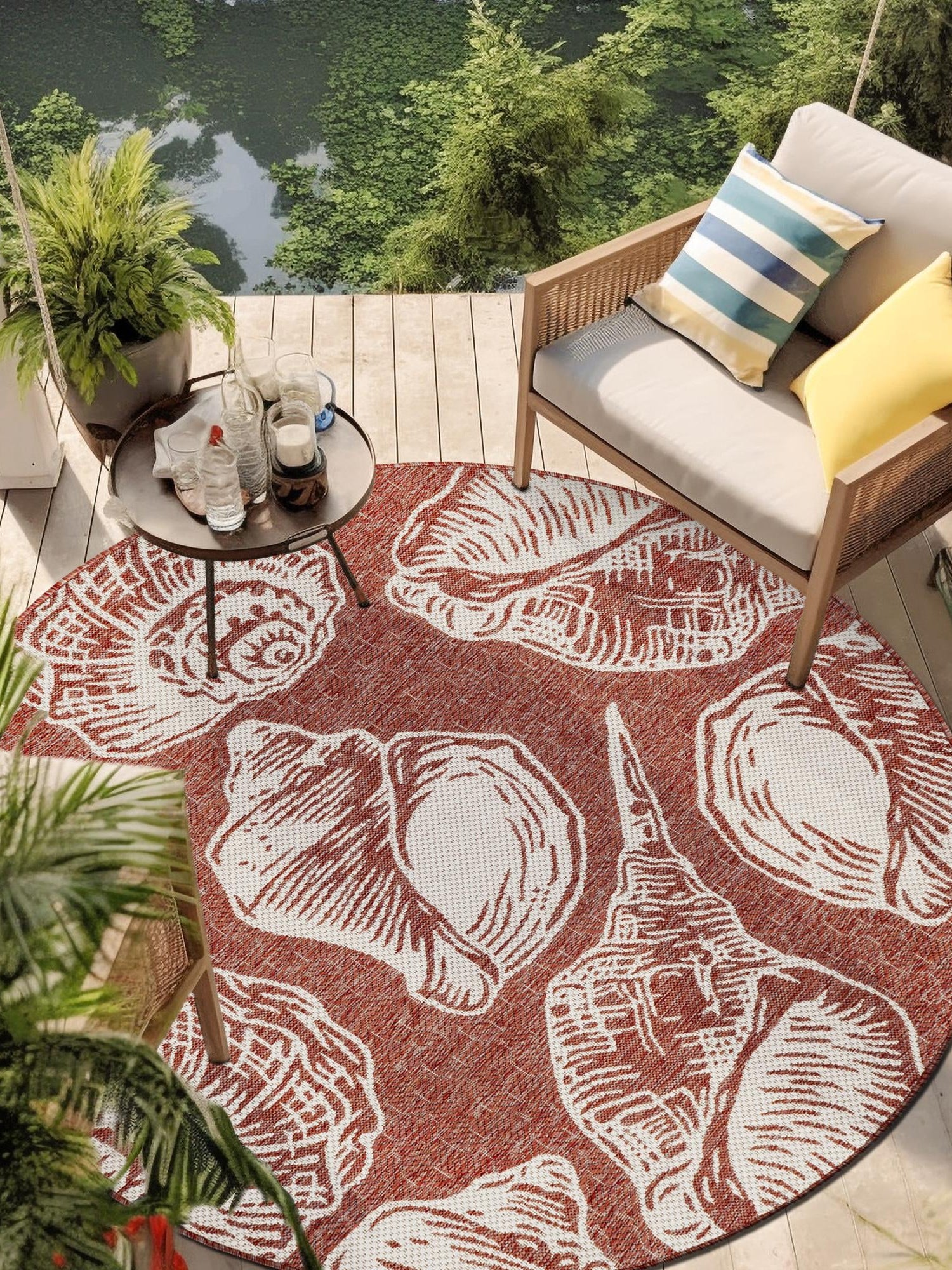 Rust Red and Ivory 5' 3 x 5' 3 Outdoor Coastal Round Area Rug Weather Resistant for Patio, Deck, Terrace, Balcony, Porch 100% Polypropylene Coastal Decor Carpet for Sale at Rug Engine