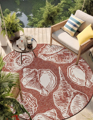 Rust Red and Ivory 12' x 12' Outdoor Coastal Round Area Rug Weather Resistant for Patio, Deck, Terrace, Balcony, Porch 100% Polypropylene Coastal Decor Carpet for Sale at Rug Engine