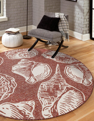 Rust Red and Ivory 5' 3 x 5' 3 Outdoor Coastal Round Area Rug Weather Resistant for Patio, Deck, Terrace, Balcony, Porch 100% Polypropylene Coastal Decor Carpet for Sale at Rug Engine