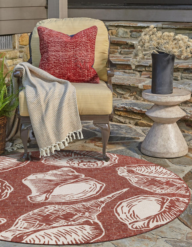 Rust Red and Ivory 7' 10 x 7' 10 Outdoor Coastal Round Area Rug Weather Resistant for Patio, Deck, Terrace, Balcony, Porch 100% Polypropylene Coastal Decor Carpet for Sale at Rug Engine