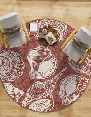 Rust Red and Ivory 7' 10 x 7' 10 Outdoor Coastal Round Area Rug Weather Resistant for Patio, Deck, Terrace, Balcony, Porch 100% Polypropylene Coastal Decor Carpet for Sale at Rug Engine