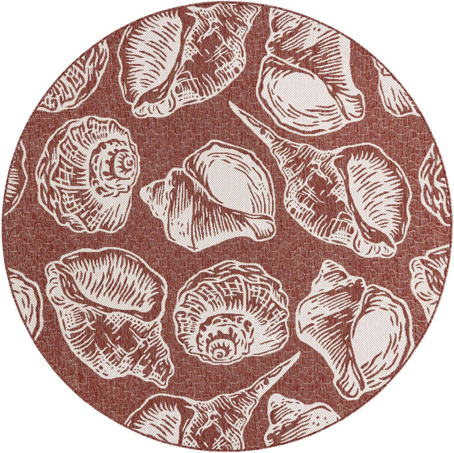 Rust Red and Ivory 7' 10 x 7' 10 Outdoor Coastal Round Area Rug Weather Resistant for Patio, Deck, Terrace, Balcony, Porch 100% Polypropylene Coastal Decor Carpet for Sale at Rug Engine