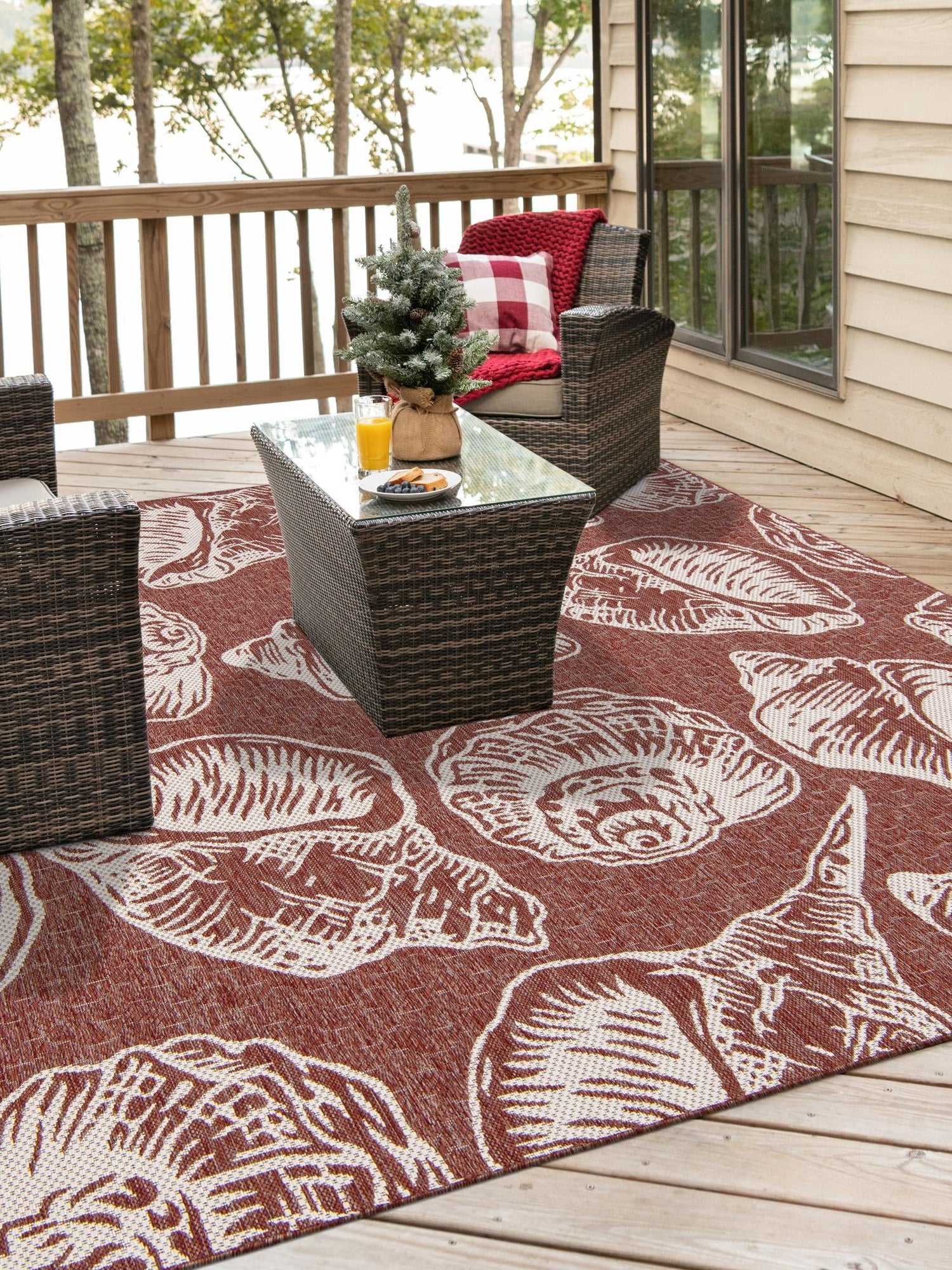 Rust Red and Ivory 12' x 12' Outdoor Coastal Square Area Rug Weather Resistant for Patio, Deck, Terrace, Balcony, Porch 100% Polypropylene Coastal Decor Carpet for Sale at Rug Engine
