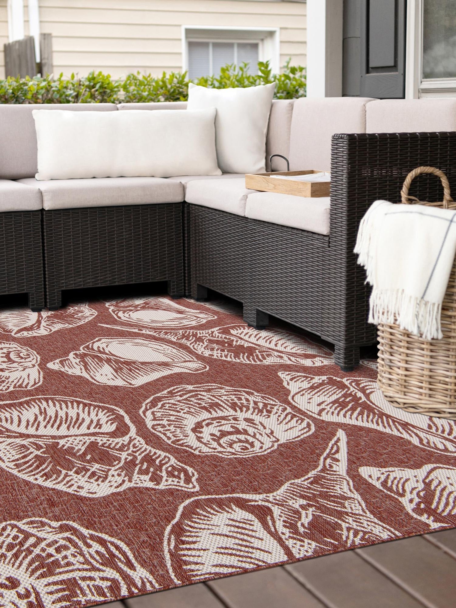 Rust Red and Ivory 12' x 12' Outdoor Coastal Square Area Rug Weather Resistant for Patio, Deck, Terrace, Balcony, Porch 100% Polypropylene Coastal Decor Carpet for Sale at Rug Engine