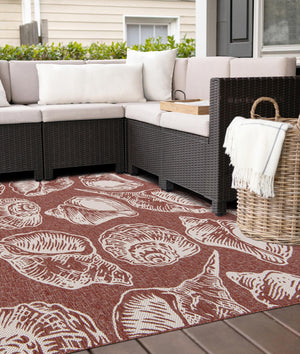 Rust Red and Ivory 12' x 12' Outdoor Coastal Square Area Rug Weather Resistant for Patio, Deck, Terrace, Balcony, Porch 100% Polypropylene Coastal Decor Carpet for Sale at Rug Engine