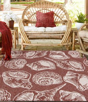 Rust Red and Ivory 7' 10 x 7' 10 Outdoor Coastal Square Area Rug Weather Resistant for Patio, Deck, Terrace, Balcony, Porch 100% Polypropylene Coastal Decor Carpet for Sale at Rug Engine