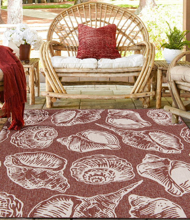 Rust Red and Ivory 7' 10 x 7' 10 Outdoor Coastal Square Area Rug Weather Resistant for Patio, Deck, Terrace, Balcony, Porch 100% Polypropylene Coastal Decor Carpet for Sale at Rug Engine