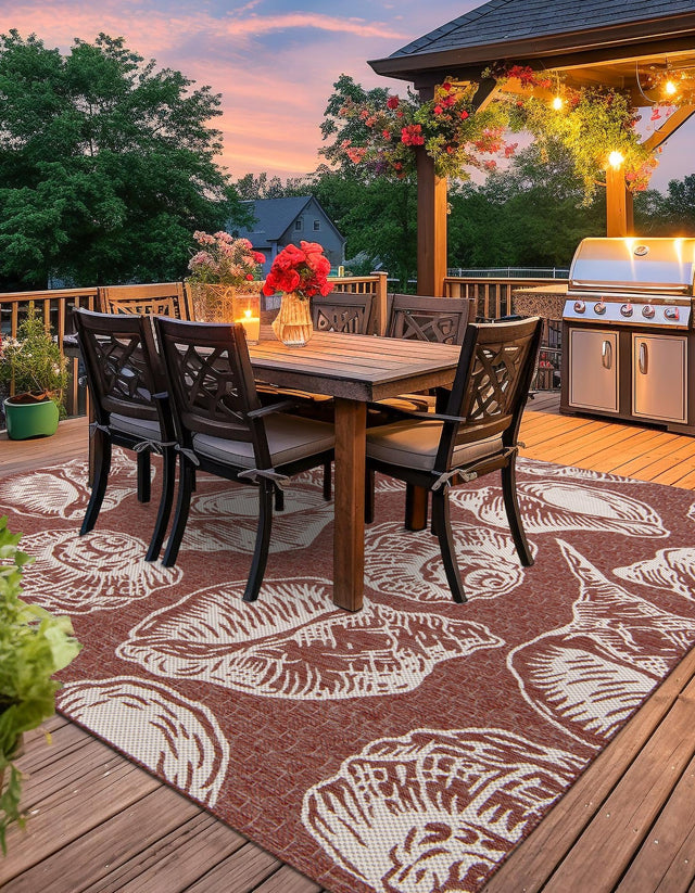 Rust Red and Ivory 7' 10 x 7' 10 Outdoor Coastal Square Area Rug Weather Resistant for Patio, Deck, Terrace, Balcony, Porch 100% Polypropylene Coastal Decor Carpet for Sale at Rug Engine