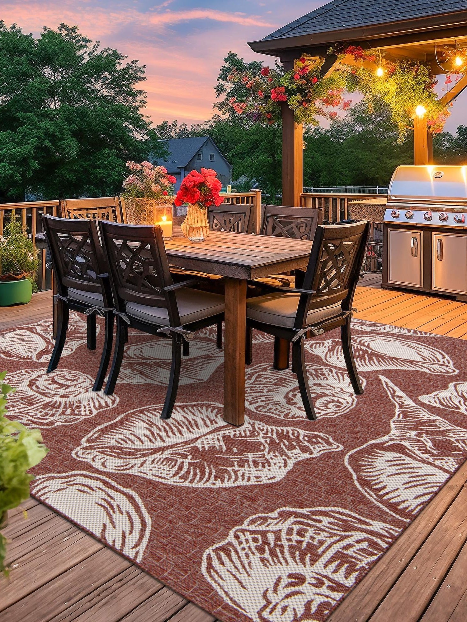 Rust Red and Ivory 12' x 12' Outdoor Coastal Square Area Rug Weather Resistant for Patio, Deck, Terrace, Balcony, Porch 100% Polypropylene Coastal Decor Carpet for Sale at Rug Engine