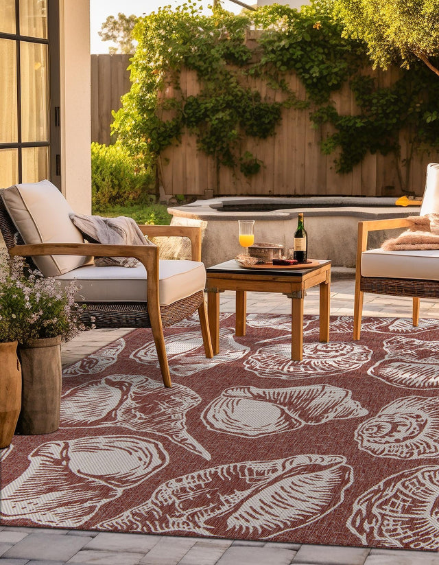 Rust Red and Ivory 10' x 10' Outdoor Coastal Square Area Rug Weather Resistant for Patio, Deck, Terrace, Balcony, Porch 100% Polypropylene Coastal Decor Carpet for Sale at Rug Engine