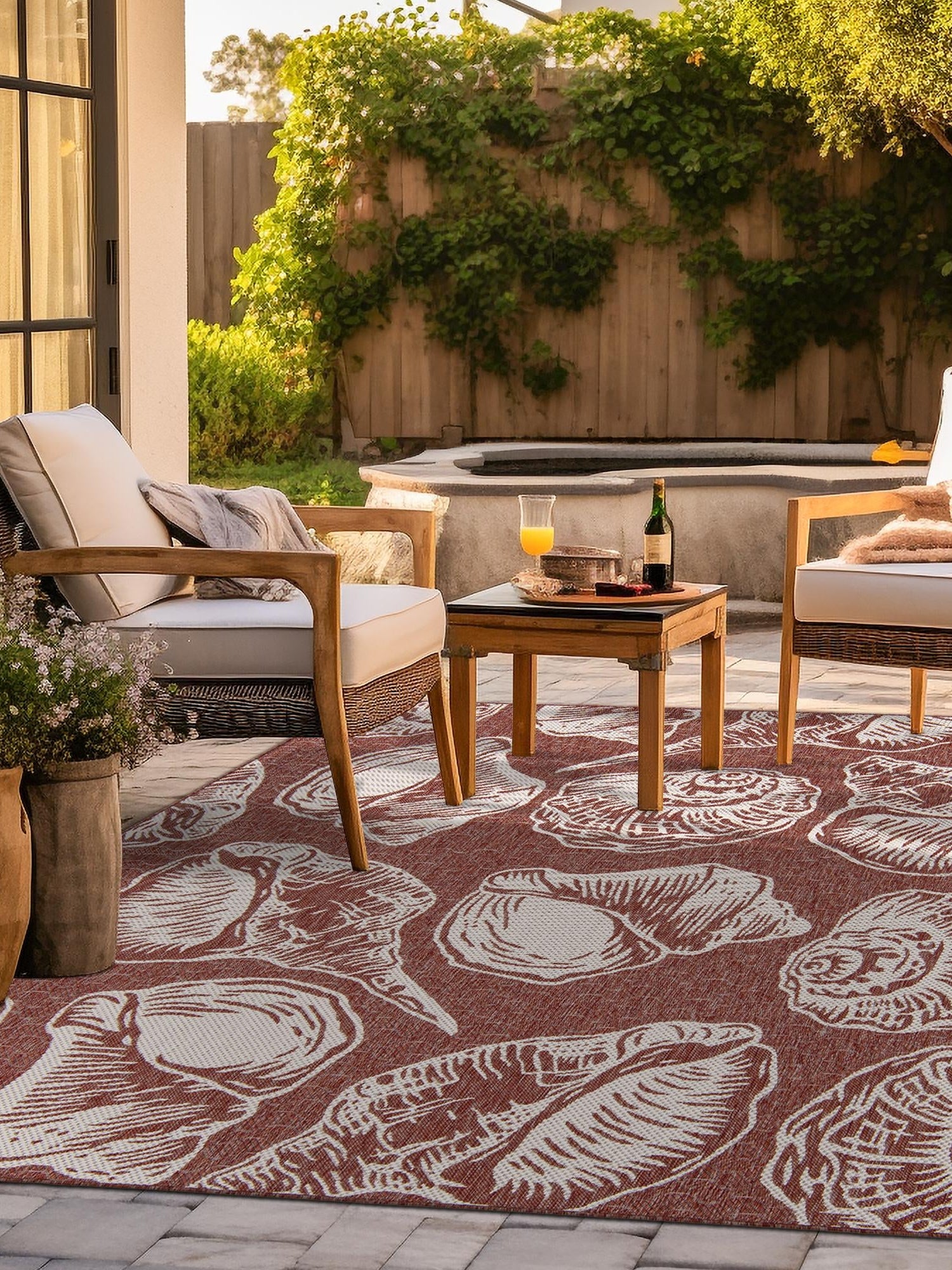 Rust Red and Ivory 12' x 12' Outdoor Coastal Square Area Rug Weather Resistant for Patio, Deck, Terrace, Balcony, Porch 100% Polypropylene Coastal Decor Carpet for Sale at Rug Engine