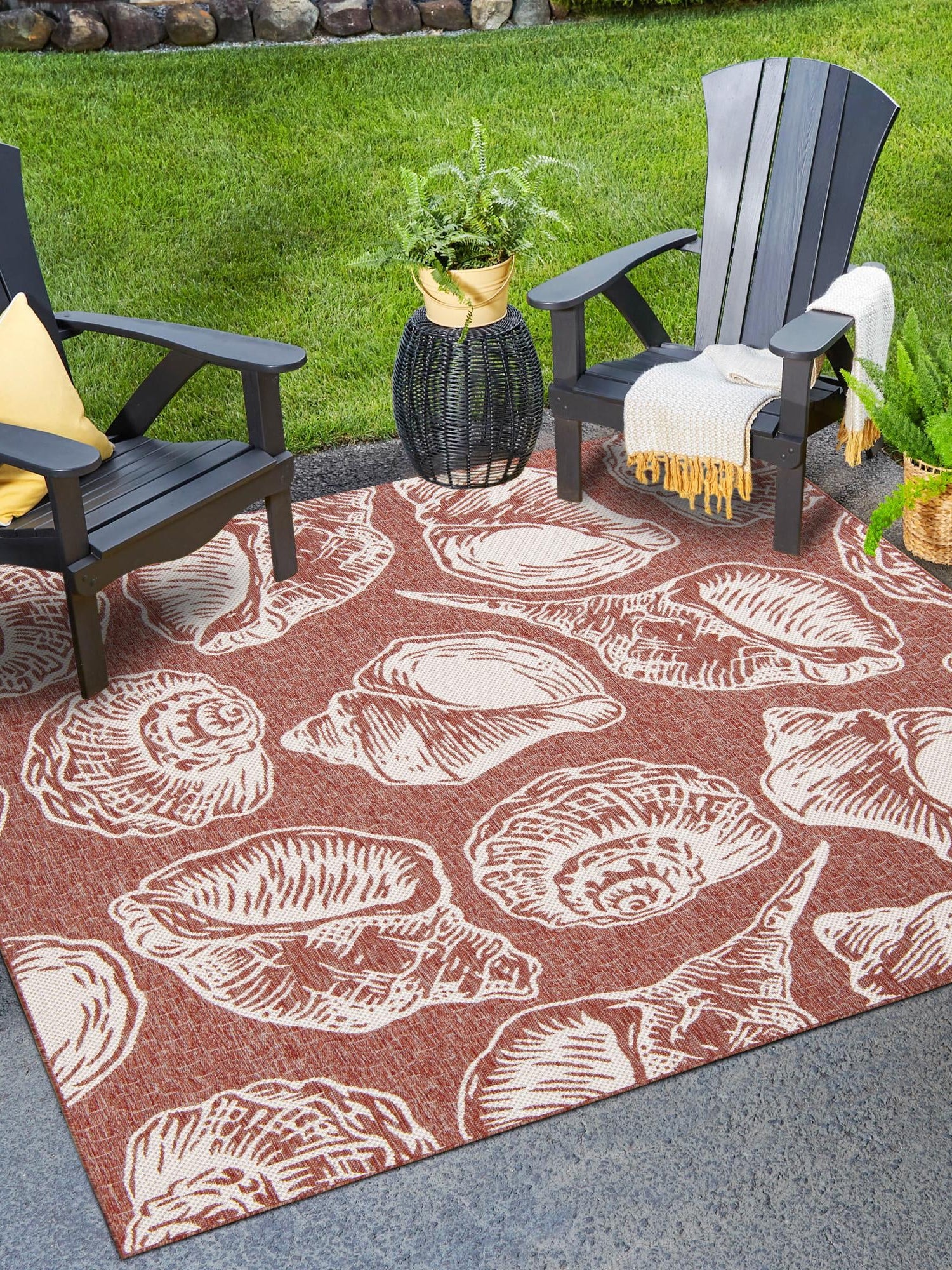 Rust Red and Ivory 12' x 12' Outdoor Coastal Square Area Rug Weather Resistant for Patio, Deck, Terrace, Balcony, Porch 100% Polypropylene Coastal Decor Carpet for Sale at Rug Engine