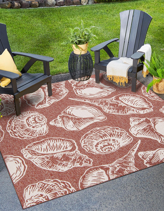 Rust Red and Ivory 12' x 12' Outdoor Coastal Square Area Rug Weather Resistant for Patio, Deck, Terrace, Balcony, Porch 100% Polypropylene Coastal Decor Carpet for Sale at Rug Engine
