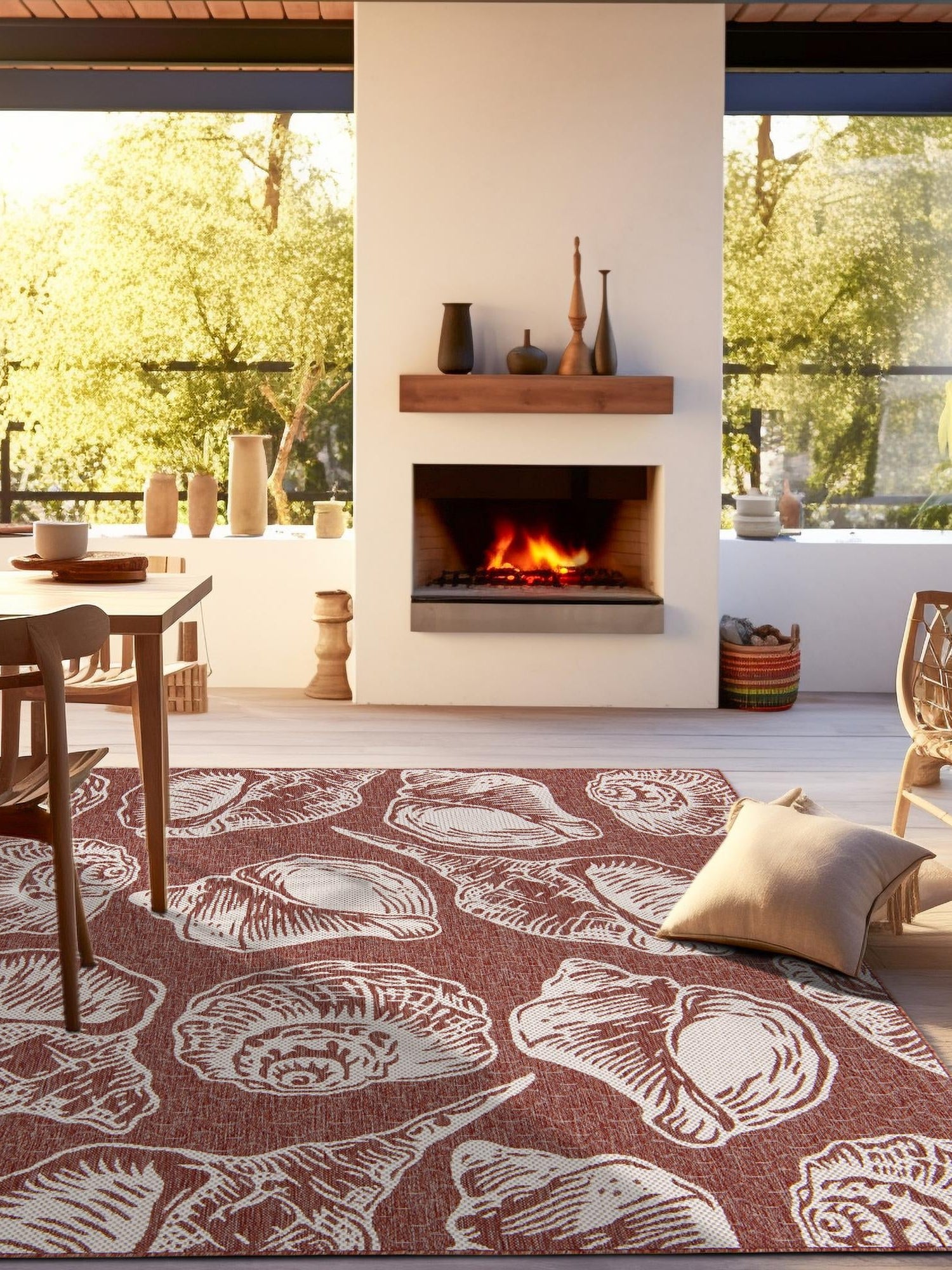 Rust Red and Ivory 12' x 12' Outdoor Coastal Square Area Rug Weather Resistant for Patio, Deck, Terrace, Balcony, Porch 100% Polypropylene Coastal Decor Carpet for Sale at Rug Engine