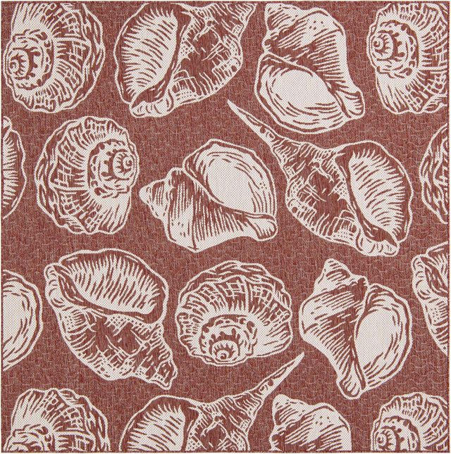 Rust Red and Ivory 7' 10 x 7' 10 Outdoor Coastal Square Area Rug Weather Resistant for Patio, Deck, Terrace, Balcony, Porch 100% Polypropylene Coastal Decor Carpet for Sale at Rug Engine