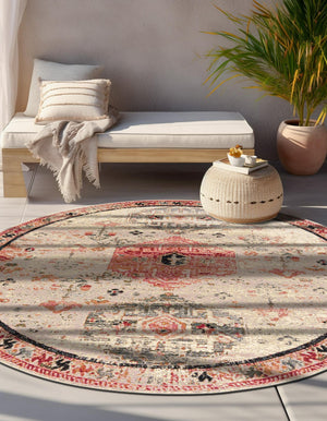 Multicolor 7' 10 x 7' 10 Outdoor Traditional Round Area Rug Weather Resistant for Patio, Deck, Terrace, Balcony, Porch Classical Design Outside Carpet for Sale at Rug Engine
