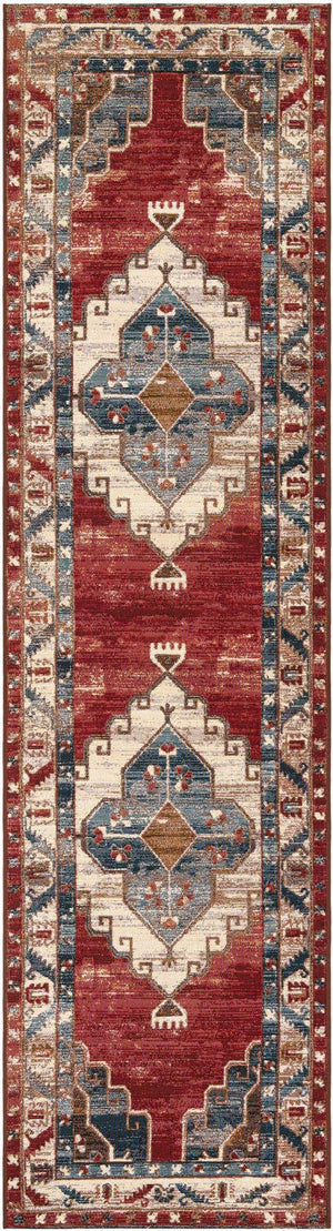 Red and Navy Blue 2' 7 x 10' Outdoor Traditional Runner Area Rug Weather Resistant for Patio, Deck, Terrace, Balcony, Porch Classical Design Outside Carpet for Sale at Rug Engine