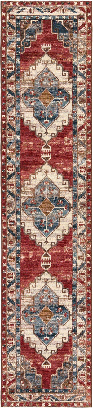 Red and Navy Blue 2' 7 x 12' Outdoor Traditional Runner Area Rug Weather Resistant for Patio, Deck, Terrace, Balcony, Porch Classical Design Outside Carpet for Sale at Rug Engine