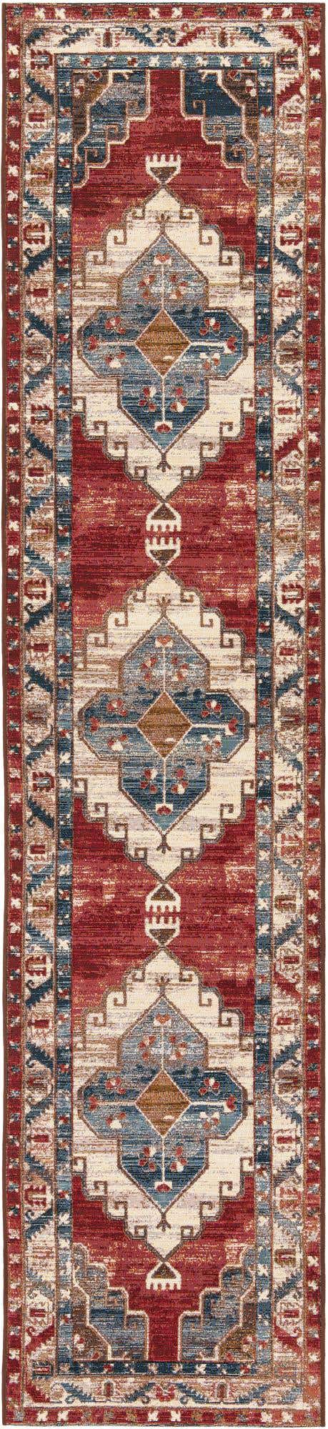 Red and Navy Blue 2' 7 x 12' Outdoor Traditional Runner Area Rug Weather Resistant for Patio, Deck, Terrace, Balcony, Porch Classical Design Outside Carpet for Sale at Rug Engine