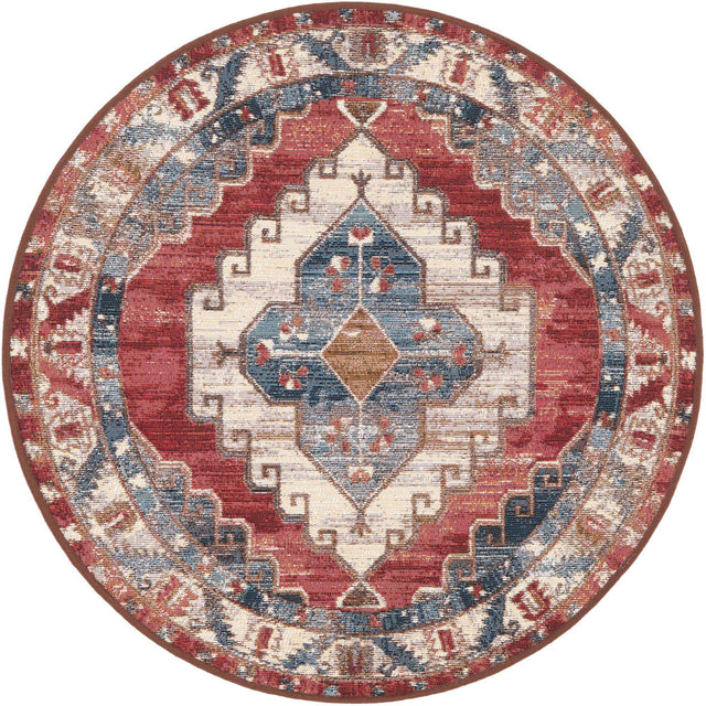 Red and Navy Blue 3' 1 x 3' 1 Outdoor Traditional Round Area Rug Weather Resistant for Patio, Deck, Terrace, Balcony, Porch Classical Design Outside Carpet for Sale at Rug Engine
