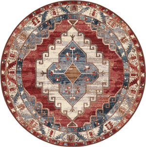 Red and Navy Blue 4' 1 x 4' 1 Outdoor Traditional Round Area Rug Weather Resistant for Patio, Deck, Terrace, Balcony, Porch Classical Design Outside Carpet for Sale at Rug Engine