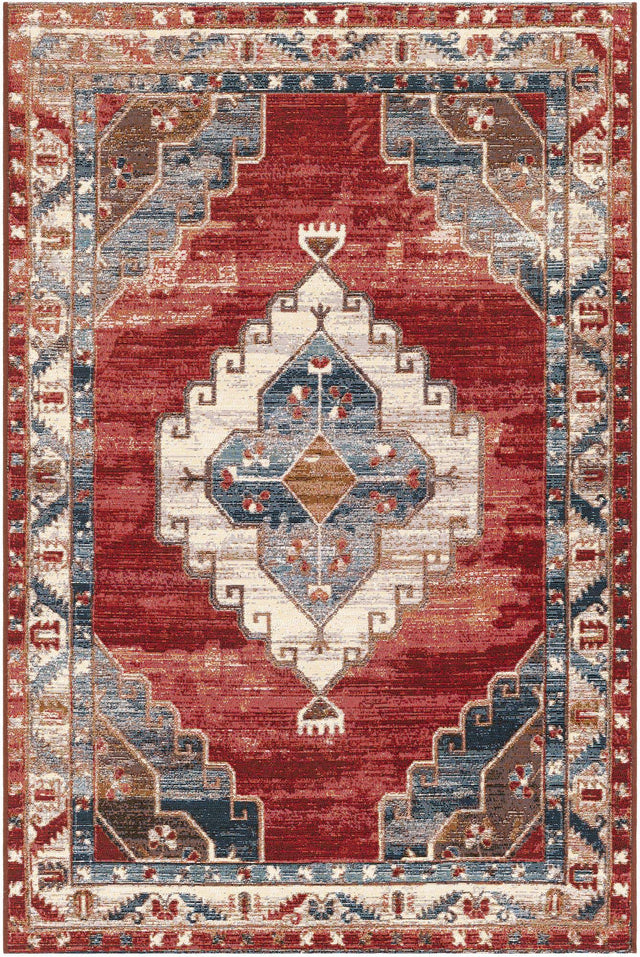 Red and Navy Blue 4' 1 x 6' 1 Outdoor Traditional Rectangle Area Rug Weather Resistant for Patio, Deck, Terrace, Balcony, Porch Classical Design Outside Carpet for Sale at Rug Engine