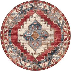 Red and Navy Blue 5' 1 x 5' 1 Outdoor Traditional Round Area Rug Weather Resistant for Patio, Deck, Terrace, Balcony, Porch Classical Design Outside Carpet for Sale at Rug Engine