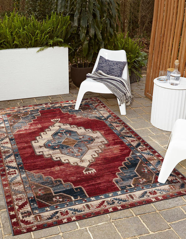 Red and Navy Blue 7' 10 x 10' Outdoor Traditional Rectangle Area Rug Weather Resistant for Patio, Deck, Terrace, Balcony, Porch Classical Design Outside Carpet for Sale at Rug Engine