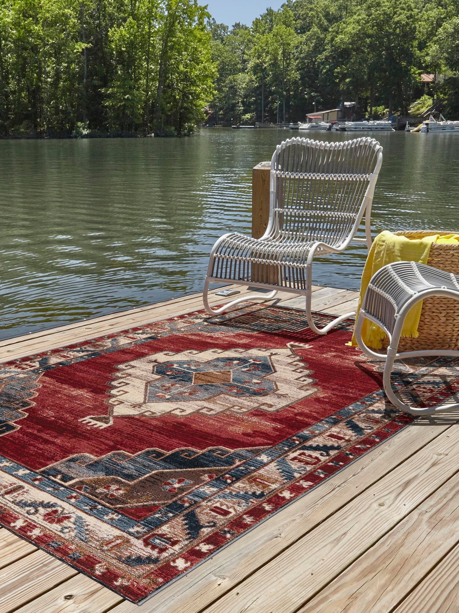 Red and Navy Blue 7' 10 x 10' Outdoor Traditional Rectangle Area Rug Weather Resistant for Patio, Deck, Terrace, Balcony, Porch Classical Design Outside Carpet for Sale at Rug Engine